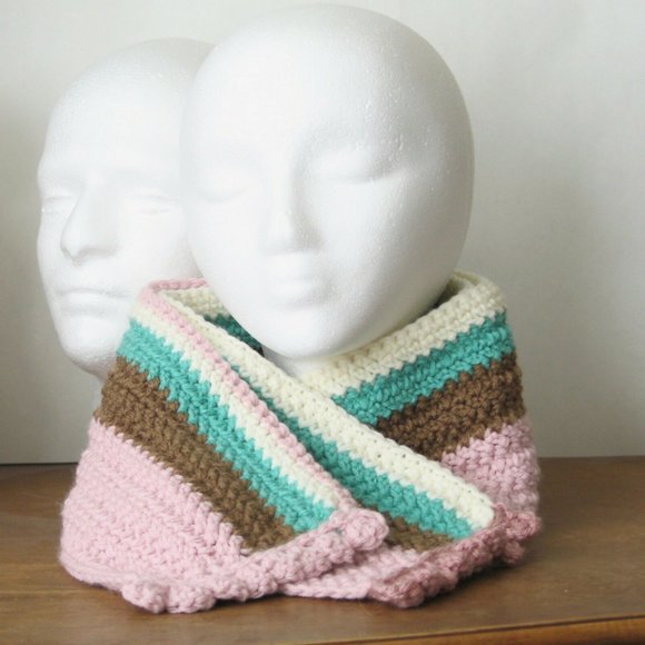 Long Striped Scarf pink/brown/cream/aqua - Picture 3 of 12